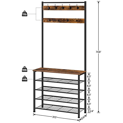 HOOBRO-Hall-Tree-Coat-Rack-with-Shoe-Rack-Hall-Tree-with-Bench-5-Tier-Shoe-Storage-Organizer-with-9-Hooks-for-Entryway-Closet-Sturdy-Industrial-Rustic-Brown-and-Black-BF80MT01G2