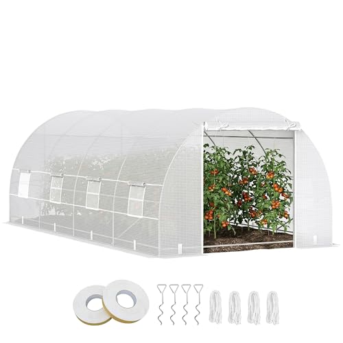 Outsunny 20' x 10' x 7' Walk-in Tunnel Greenhouse with Zippered Door & 8 Mesh Windows, Large Garden Green House Kit, Galvanized Steel Frame, White