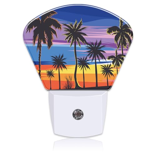 Image of Tropical Palm Tree Night Light Plug into Wall, Sunset Beach Night Light with Dusk to Dawn Sensor for Kid Girls Boys Women Men Bedroom, Hallway, Kitchen, Bathroom, Stairs Decor