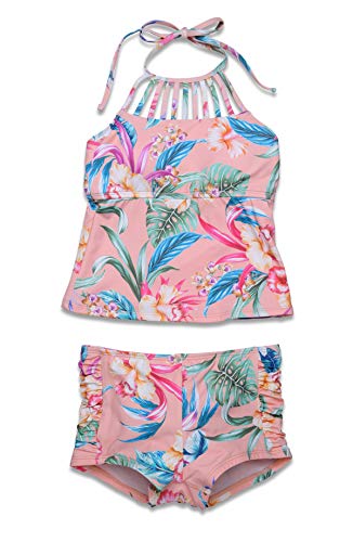 Image of Hobie Girls' Strappy High Neck Tankini Top & Shirred Boyshort Bottom Swimsuit Set