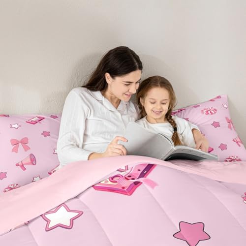 Image of Feelyou Cheer Comforter Set Full Size Cheerleader Bedding Set for Kids Boys Girls Pink Bow Duvet Quilt Bowknot Bedroom Decor Microfiber 3 Pcs with 2 Pillow Cases