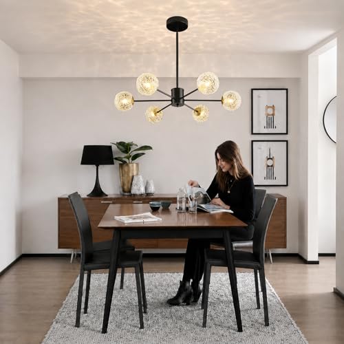Image of Modern Sputnik Chandelier,6-Light Black Chandelier with Glass Shades, mid Century Semi Flush Mount Ceiling Light Fixture,Pendant Light Fixture for Dining Room,Kitchen Island Bedroom