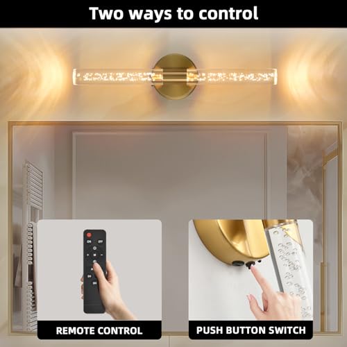 Image of Battery Operated Wall Sconces Set of Two, Gold 20'' Rechargeable Crystal Bubble Wall Sconce with Remote Control, 3000K-6000K Dimmable LED Wireless Wall Lights for Living Room Bedroom Bathroom Hallway