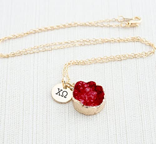 Sorority Shop CO Necklace - Chi Omega Red Druzy Gemstone Necklace With Engraved Pendant – 14K Gold Dipped Jewelry with Red Gemstone – Sorority Gift, Charm Paraphernalia4