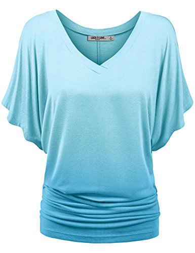 Lock and Love WT1117 Womens V Neck Short Sleeve Ombre Drape Dolman Top L Aqua
