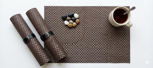 Image of Dribble Premium Anti UV-Mesh Woven PVC Table Placemats Set of 6 - Non-Slip, Heat Resistant, Washable Dining Table Mats for Kitchen, Dining & Office - 45cm X 30cm Durable Textured Design (Brown)