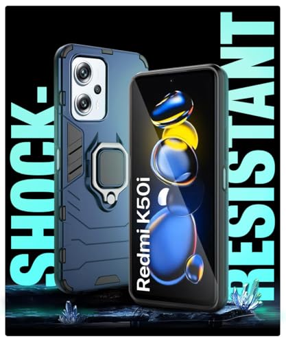 Image of WOW IMAGINE Shock Proof Back Case Mobile Cover for Redmi K50i 5G | Back Cover Case (Tough Armor | Hybrid PC + TPU | Ring Holder & in-Built Kickstand | Blue)