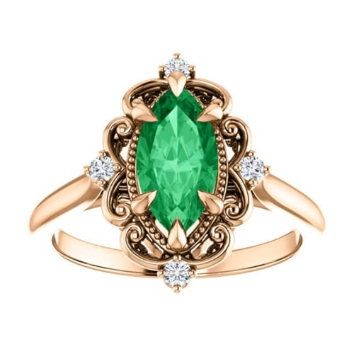 Vintage Inspired Marquise Emerald Engagement Ring 14K White Gold, Victorian 1-3 CT Natural Emerald Diamond Ring Antique Green Emerald Ring May Birthstone Rings
