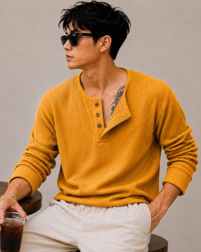 Image of AUSK Men's Textured Henley T-Shirt || Full Sleeve Ribbed Knit Button Neck T Shirt for Men || Regular Fit Casual Wear Tee || Smart Casual Tshirt for Mens