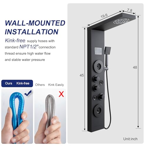 ROVATE LED Shower Panel Tower System with Rainfall Mist Shower Head, Matte Black 6-in-1 Shower Tower with Jets and Handheld and Digital Temperature Display, High Pressure Shower Column with Tub Spout