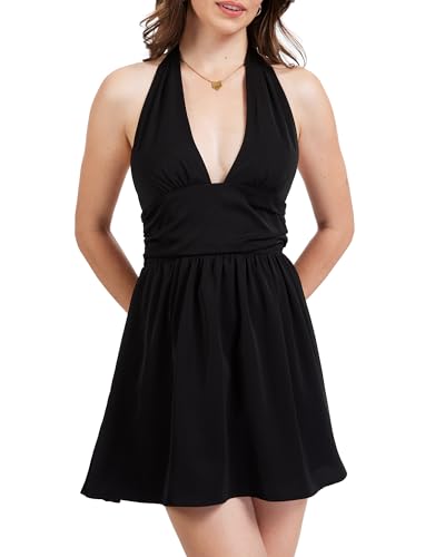 Stylavent Halter Mini Dress for Women - Deep V Backless Chiffon Flowy Graduation Party Dress Wedding Guest Bachelorette Cocktail Summer Date Night Black