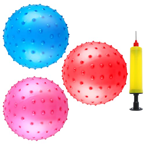 Prasacco 3 pelotas de yoga hinchables de 20 cm, bolas de masaje con bomba de aire para interior y exterior, playa, parque infantil, patio trasero, piscina (rojo, azul, rosa)
