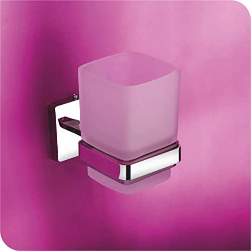 Image of Premium Wall Mounted Toothbrush Holder with Frosted Glass Tumbler | SUS 304 Stainless Steel Rustproof Toothpaste & Brush Stand for Bathroom | Chrome Finish (SQ 2707O)