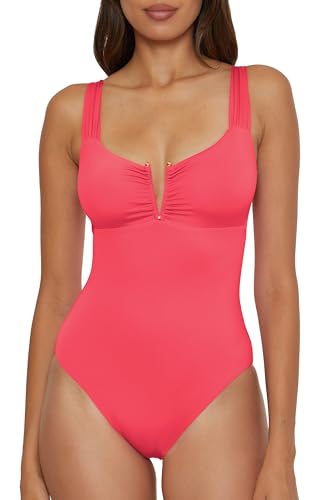 BECCA Color Code - Women's V-Wire Shirred One Piece Swimsuit, Plunge Neck, Bathing Suits for Women, Grapefruit, Large
