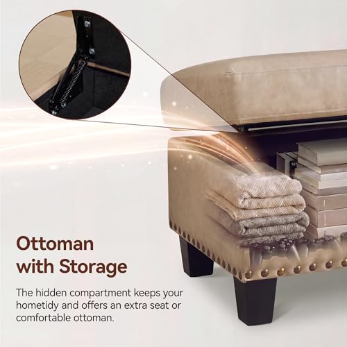 Image of 25.2 inch Faux Leather Storage Ottoman Bench for Couch, Vintage PU Leather Foot Stool with Nailhead Trim for Sofas, Mid Century Modern Hidden Storage Footrest for Living Room, Bedroom, Office, Ivory
