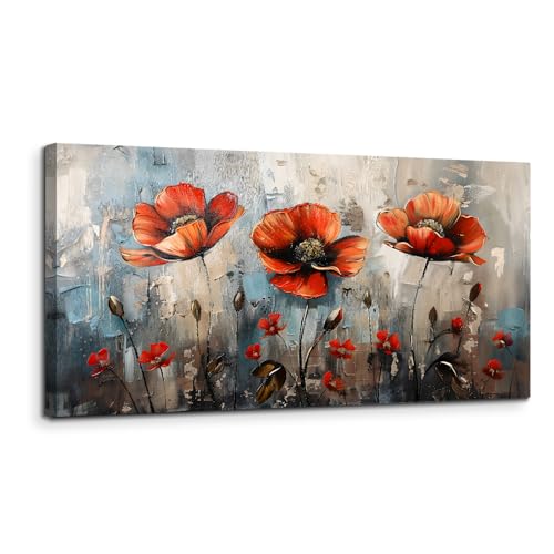 SERIMINO Large Wall Art for Living Room, Nature Floral Botanical Wall Decor, Red Flowers Canvas Prints Pictures, Wildflower Modern Home Decor Bathroom Dining Room Kitchen Paintings 24"X48"