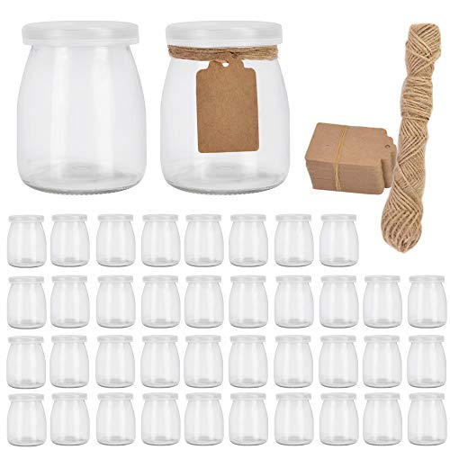 Betrome 7oz Glass Jars, 40 Pack 200ml Yogurt Jars with PE Lids, Clear Pudding Jars Glass Favor Jars Containers for Spice, Jam, honey, Mousse, Wedding Favors, Shower Favors, DIY and Art
