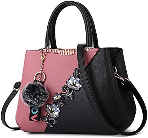 DIRRONA Moda Borsa Donna Borsa a Mano Eleganti Fiori da Ricamo Borsa a Tracolla Casual Viaggio Borsa Messenger PU Pelle Tote Borse Shopper Business Tote Borse Donna Con Ornamenti Pom Pom Rosa A