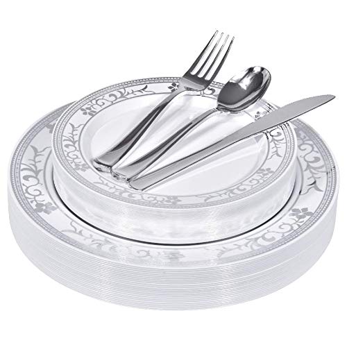 125 Piece Plastic Dinner Set - Silver Floral Plastic Dinner Plates, Salad Plates, and Cutlery - Serve 25 Guest For Parties, Holiday, Catering And More