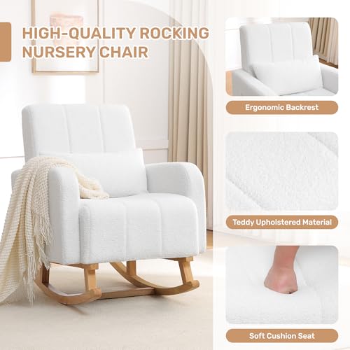 Image of HCHAIRH Rocking Chair with Ottoman, Upholstered Glider Rocker with High Backrest and Side Pocket, Comfy Reading Chair with Solid Wood Legs for Nursery, Living Room,Bedroom White