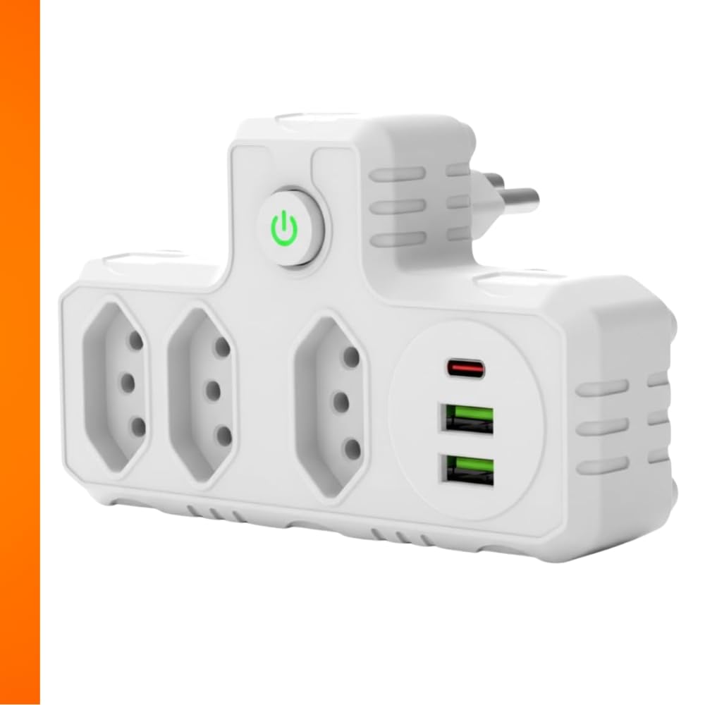 Extensão Elétrica Premium Bivolt 3 Tomadas, 2 USB + 1 Tipo-C Tecnologia PD, Filtro de