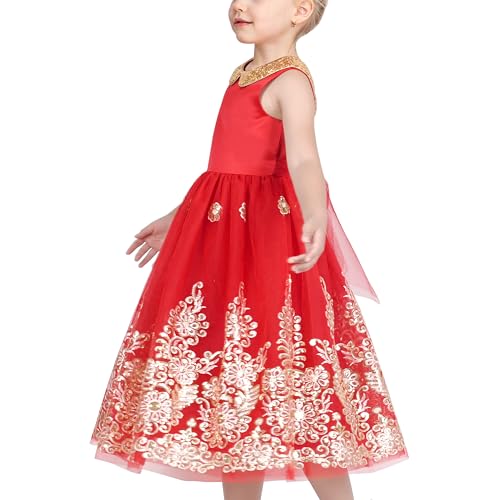 Sunny Fashion Girls Dress Red Floral Gold Embroidery Party Pageant Ball Gown Sleeveless