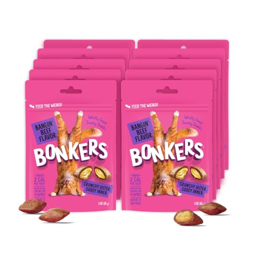 Bonkers Cat Treats Bangin' Beef Flavor 3 OZ, Cat Treats, Treats for Training, for All Breeds and Ages, Food Topper, Resealable Pouch (10 Pack)