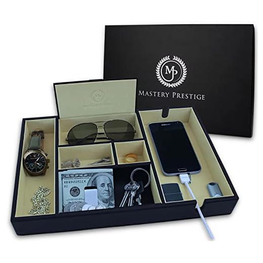 Mastery Prestige Valet Tray Organizer - Nightstand Dresser for Men with Large Phone Charging Station - Black PU Leather and Suede Storage Box - Top Bedside for EDC Jewelry Watch Wallet Key