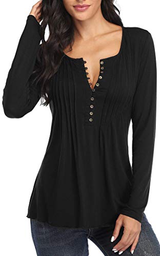 Dilgul Blusas de manga larga para mujer, camisetas sexy con botones y parte delantera plisada en el pecho