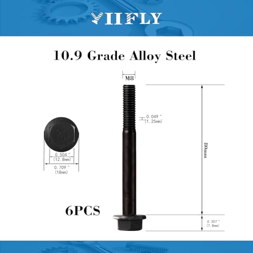 Image of M8 x 80mm Flanged Hex Head Bolts Flange Hexagon Screws, M8x1.25 Bolt, 10.9 Grade Alloy Steel, Hexagon Head Bolts, Black Zinc Finish, Half Thread,Quantity 6