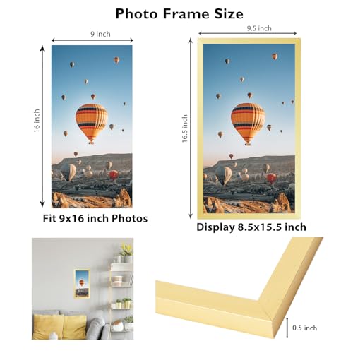 Image of JCJMY 9x16 Picture Frame Gold for Wall Hanging, Wall Mounting Horizontally or Vertically, 9 x 16 Wall Gallery Poster Photo Frame with Shatter Resistant Plexiglass, Gold