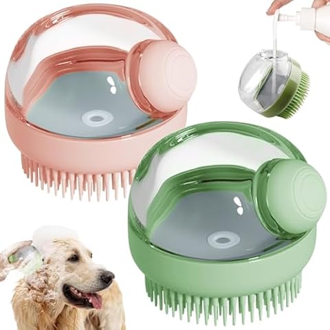 Kwispel Dog Bath Scrubber Brush, 2 PCS Pet Dog Grooming Massage Shampoo Bath Brush with Soap and Shampoo Dispenser Soft Silicone Bristle for Long Short Haired Dogs Cats Shower Cover