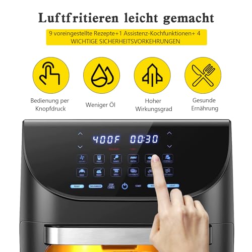 PRIJESSE Heißluftfritteuse 12L mit LED-Touchscreen, 12 Liter Air Fryer, 1700W Mini Backofen, ohne Öl, Dörrautomat Funktion, 12 Programme, inkl. Rezeptheft und Zubehör – Bild 3