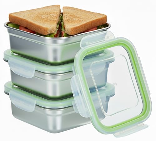 SnapMate - Set of 3 Stainless Steel Sandwich Containers - Food Grade Metal Base with a BPA Free, Leakproof & Airtight Sealed Lid. Great for Sandwiches, Snacks, Meal Prep & Food Storage - Sandwich Box.