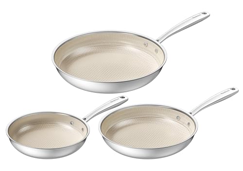 Redchef Nonstick 20 24 28cm Hybrid Ceramic Frying pan Set,Tri-Ply Stainless Steel Pan,Stay-Cool Handle,Non Toxic,PTFE/PFAS/PFOA Free,Dishwasher/Oven Safe (Beige)