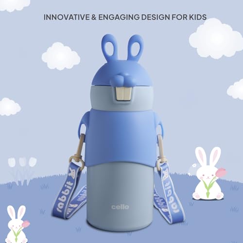 Image of Cello Bunny Kids Stainless Steel Flask 500ml, Blue | Double Walled Vacuum Insulated Technology | One Click Push Button to Open | Ideal for School, Sports, Picnics