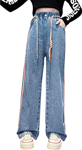 SEAUR - Girls Jeans Kid Denim Pants Loose Wide-leg Ripped Pant Child Baggy Trousers High-waisted Straight Jeans for age 5-15