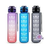 3 Pack 32 OZ Motivational Water Bottle with Time Maker Reminder BPA-Free Leak-proof Durable Flip Top...