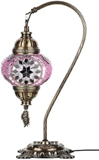 DEMMEX Turkish Moroccan Mosaic Table Lamp – Handcrafted Tiffany-Style Colorful Glass Swan Neck Bedside, Desk, Table Light, Boho Artisan Accent Lighting for Bedroom or Living Room – 15" H, Lilac