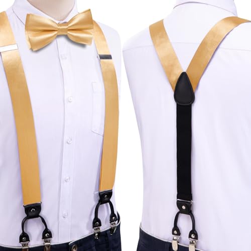 Image of Hi-Tie Men Suspender Bowtie Set Suspenders Pre-tied Bow Tie Pocket Square Cufflinks Adjustable Y Shape 6 Clips Braces Tuxedo