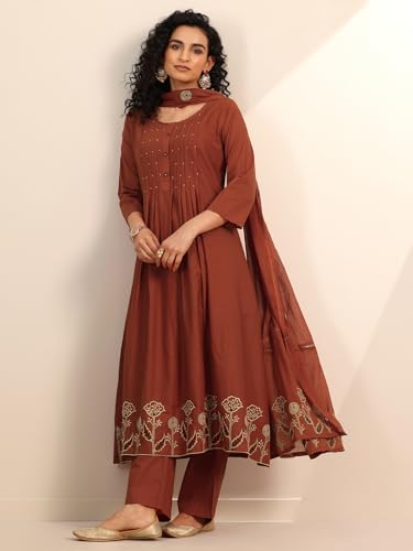 Image of Rust floral embroidered anarkali kurta with solid palazzo and embroidered dupatta | ethnic wear | bridal suit | occasion wear