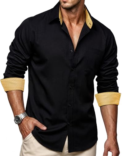 Image of Ailisus Men's Black and Gold Shirts Long Sleeve Linen Shirt Regular Fit Business Casual Cotton Dress Shirt Button Down Contrast Collar Black Gold M