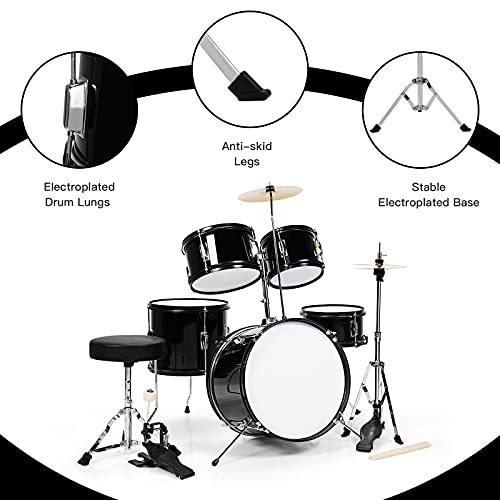 Costzon 16” Kids Drum Set, 5-Piece Full Size Complete Junior Drum Set With Adjustable Throne, Cymbal, Hi-Hat, Pedal & Drumsticks, Beginner Drum Kit With Bass Snare Tom Drum, Age 3-12, Black #TOP7