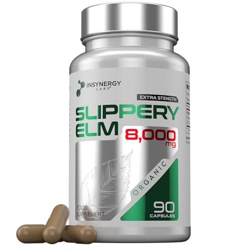 Slippery Elm 8 000MG Per Capsule + Organic (Highest UK Dosage) 3 Month Supply 90 Capsules Superior High Strength Slippery Elm Supports Digestion & Acid Reflux Slippery Elm Powder Bark