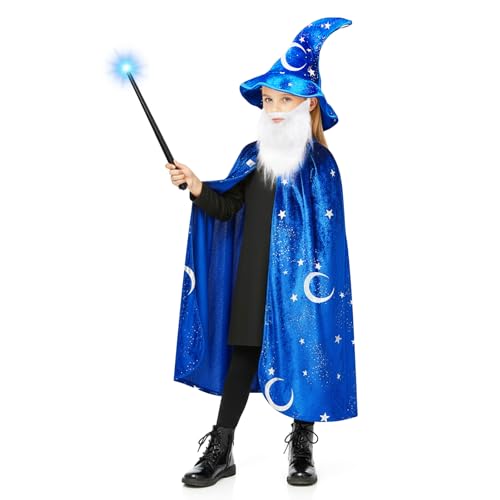 Toulite Wizard Cape for Kids Age 3-16 Witch Costume Includes Cape Hat Glowing Wand and Beard Suit for Boys Girls(S/3-5y Blue)