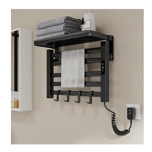 Toallero Electrico Baño con Estante Superior, Secatoallas Electrico Negro con 4 Ganchos, Calienta Toallas Electrico Pared con Temporizador Ajuste Temperatura, Plug In,Negro