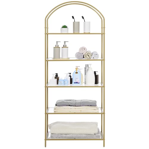 Homhedy Bookcase Curved Metal Bookcase Tempered Glass Storage Shelf for Home Office Living Room Bedroom Bathroom Modern Style (Gold, 11.8"D x 23.6"W x 62"H)