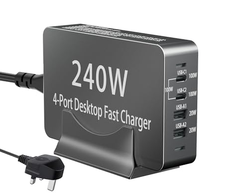 240W USB C Charger Block 4 Port USB Fast Charging Station 100W Laptop Power Adapter for MacBook Tablet iPad iPhone Cell Phone Multiple Devices Charging Station Support 65W