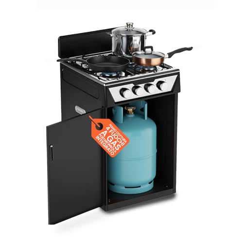 Avilia – Piano Cottura 4 Fuochi Gas da Appoggio con Vano Portabombola Integrato, Cucina a Libera Installazione per Interni ed Esterni, Struttura Robusta Compatta e Facile da Usare Nero