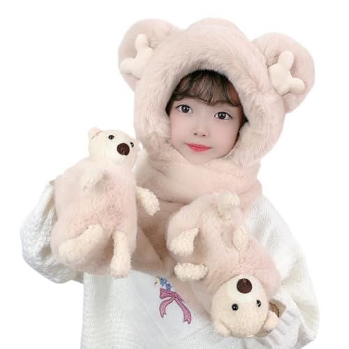 Zcargel Childrens Winter Hat and Scarf Set 3 in 1 Cartoon Bear Hooded Scarf Cute Bear Beanie Children Plush Pocket Glove Set
